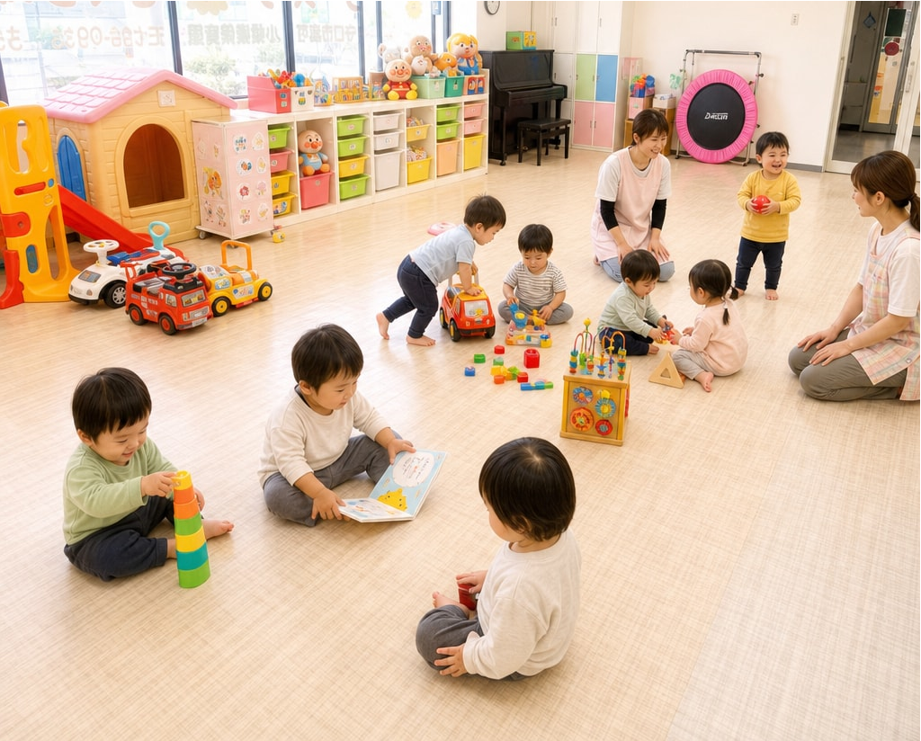 保育園で遊ぶ子どもたちと保育士